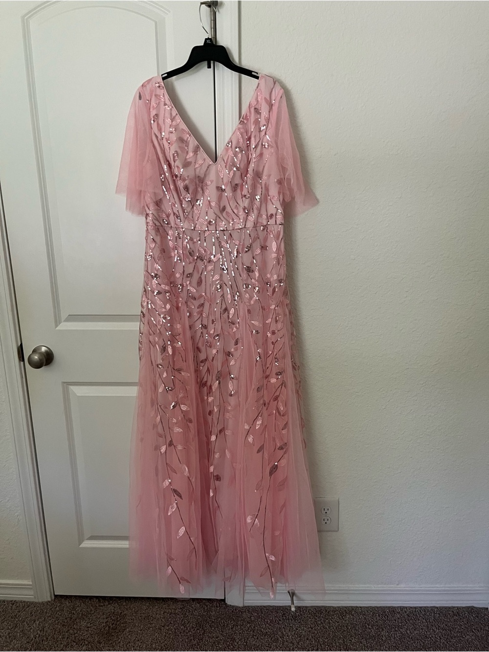 Ever Pretty Blush Pink Sequin Leaf Embroidered Tulle Maxi Dress